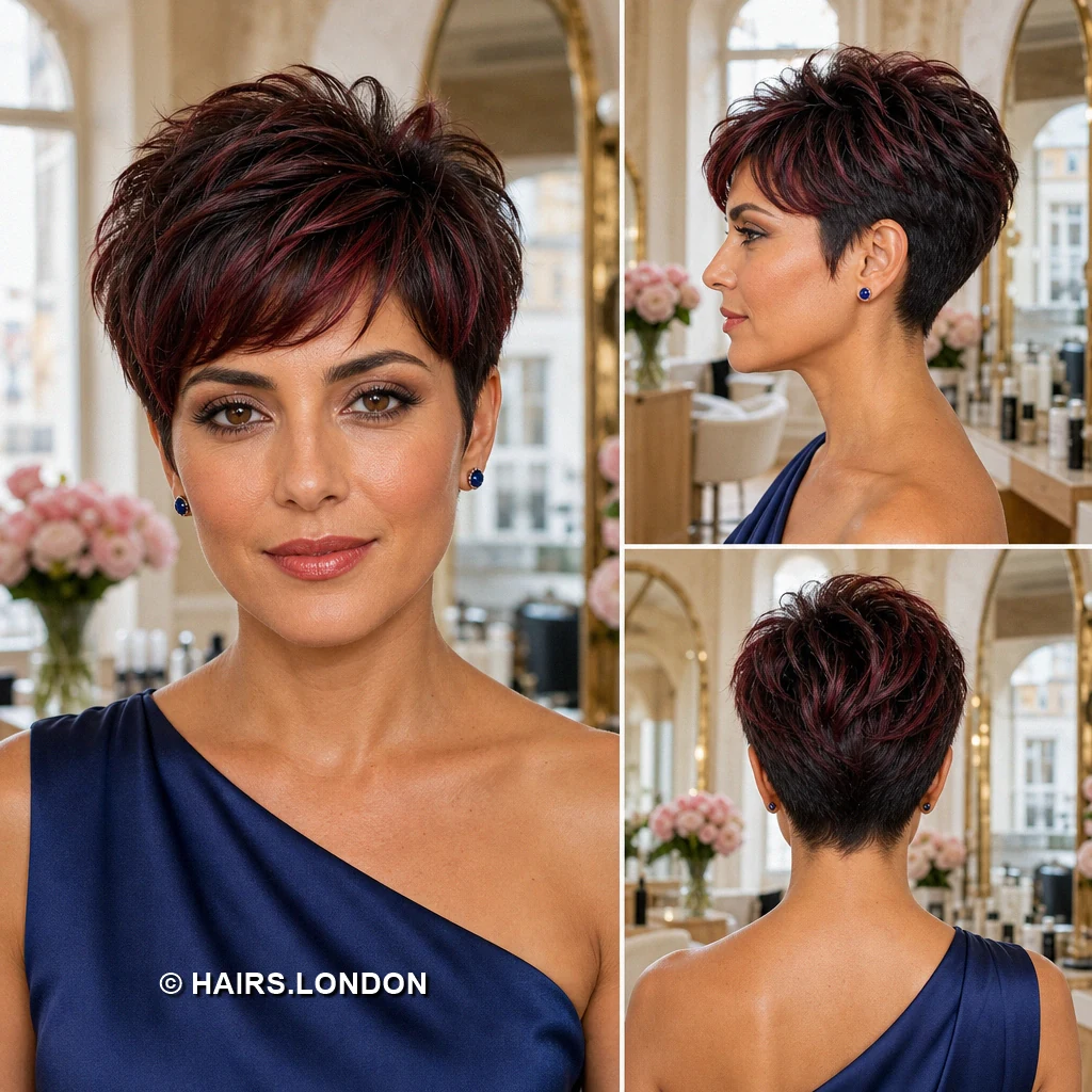 17 Burgundy Pixie Haircuts With Swept Fringes and Textured Crowns Wine Neatfringe Pixie