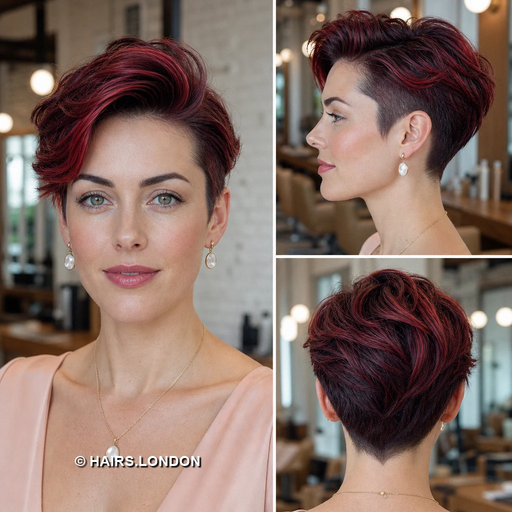 19 Burgundy Pixie Haircuts with Swept Fringe, Texture, and Tapered Napes Wine Raised Pixie