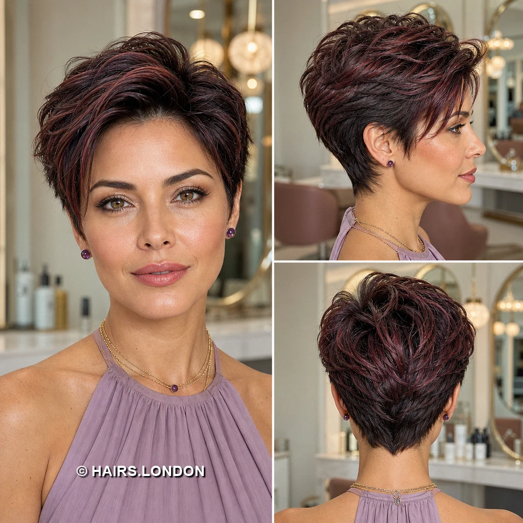 19 Burgundy Pixie Haircuts with Swept Fringe, Texture, and Tapered Napes Wine Spiked Pixie
