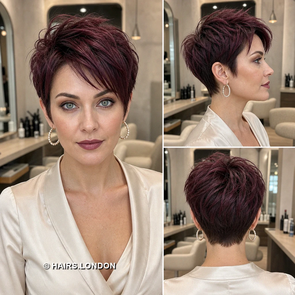 20 Burgundy Pixie Cuts: Swept Fringes, Textured Crowns and Curly Shapes Wine Uneven Fringe